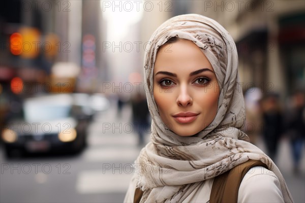 Portrait of muslim woman with hijab headscarf with blurry city street in background. KI generiert, generiert AI generated