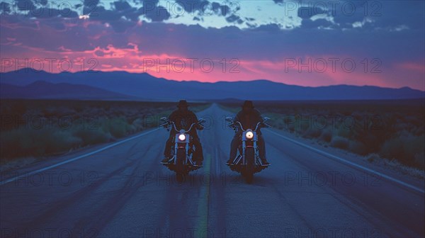 Two motorcyclists ride towards a vibrant sunset under a dusky sky, AI generated