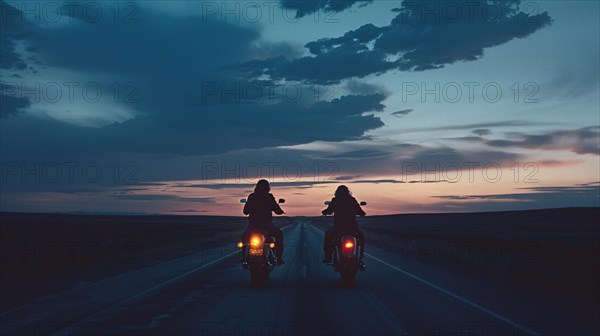 Two silhouetted motorcyclists riding at sunset on an empty road, AI generated
