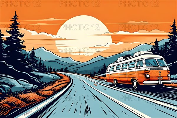 Illustration painting camper car, AI generated