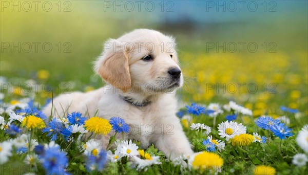 KI generated, A Golden Retriever lies in the grass of a flower meadow, young animals, animal children, (Canis lupus familiaris)