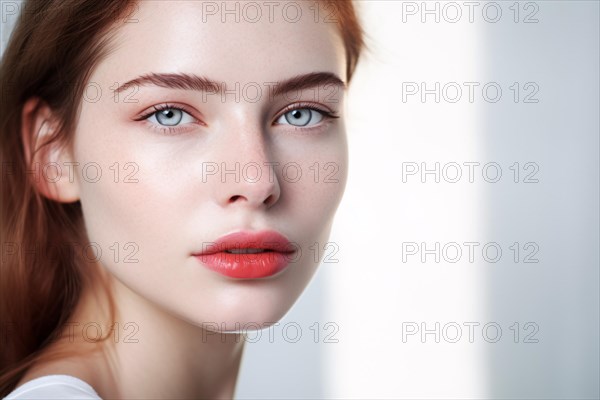 Beuaty shot of young woman with red hair, pale skin and red lips. KI generiert, generiert AI generated