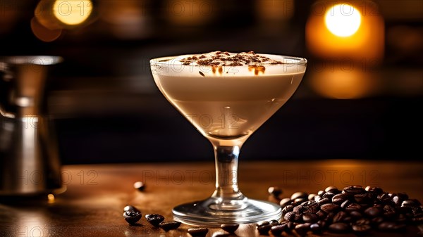 Espresso martini in a frosted cocktail glass adorned with three coffee beans, AI generated