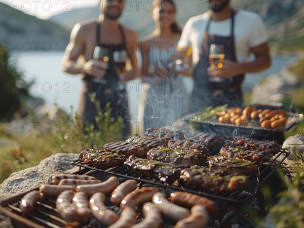 Barbecue party, guests with glasses in their hands stand around a chef who is grilling sausages and steaks, AI generated