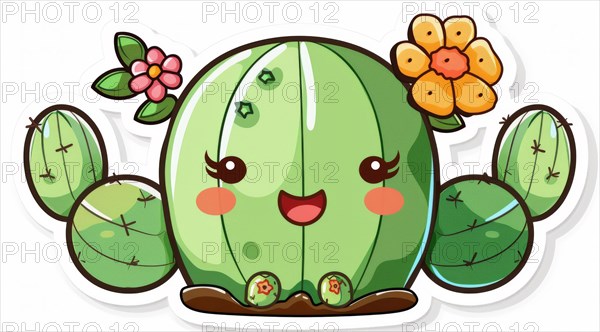 A cheerful cartoon cactus with a cute face, surrounded by colorful flowers, ai generated, AI generated