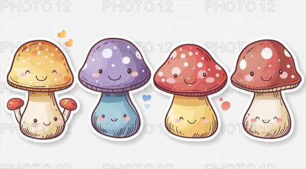 Five cute cartoon mushrooms with smiling faces and heart details as a sticker set, ai generated, AI generated