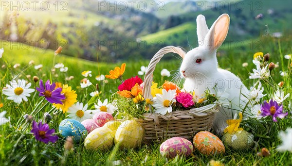 Ai generated, An Easter basket with coloured eggs in a meadow with colourful flowers, in the basket a white rabbit, symbolic picture Easter, animal children, dwarf rabbit