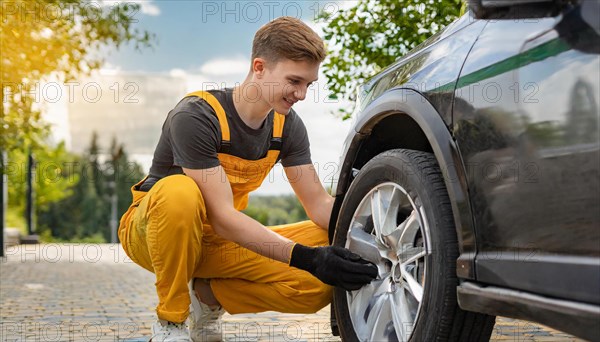 AI generated, A mechanic changes the tyres on a customer's car, Tyre fitting