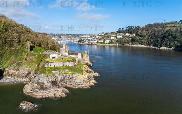 Dartmouth Castle over River Dart from a drone, Dartmouth, Kingswear, Devon, England, United Kingdom, Europe