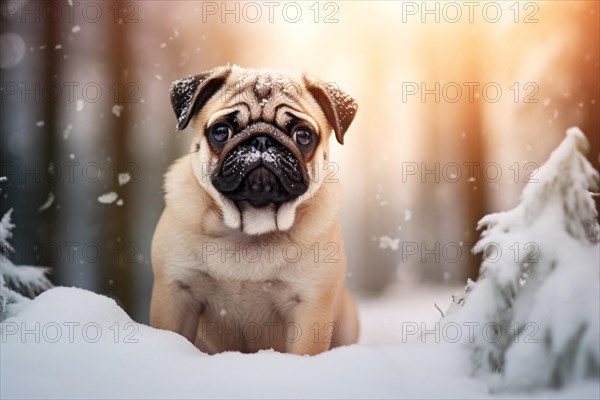 Pug dog in snow covered forest in winter. KI generiert, generiert AI generated