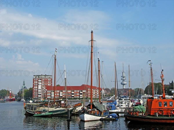 Boats, ships, town hall, Emden harbour, East Frisia, Germany, Europe