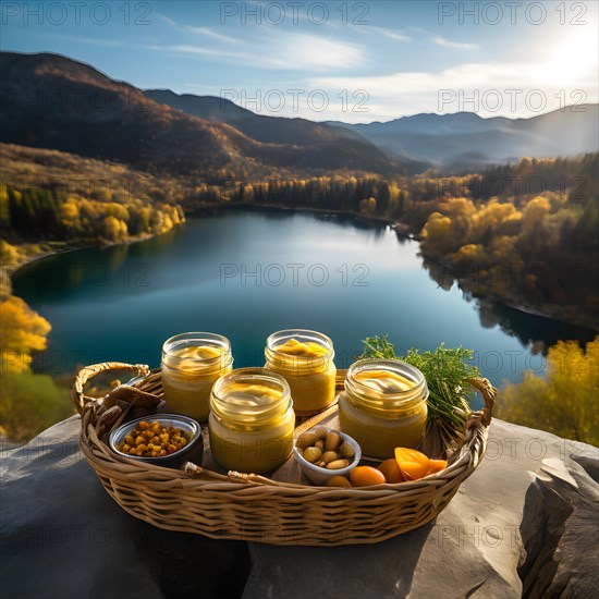 Basket brimming with glass jars filled with homemade hummus partnered with carrot sticks, AI generated