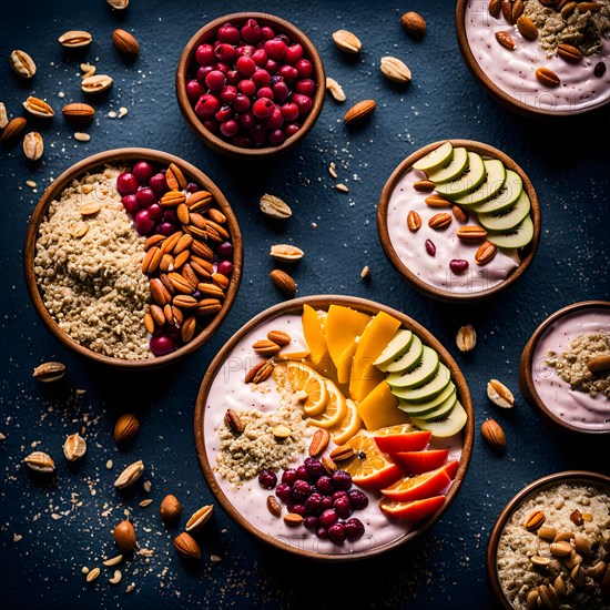 Smoothie bowls garnished with vibrant fresh fruits and an assortment of nuts, AI generated