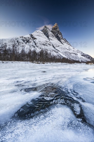 Ice structures in front of Mount Otertinden, Signaldalen, Lyngenfjord, Tromso, Norway, Europe
