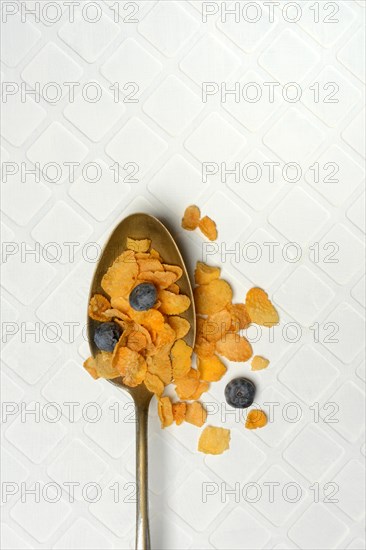 Cornflakes and blueberries in spoon, Breakfast