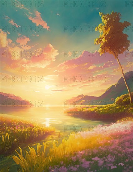 Beautiful illustration of riverside scenery, summer season in pastel colors. Blooming purple flowers on the river bank lit by the golden sunset light. AI generated art