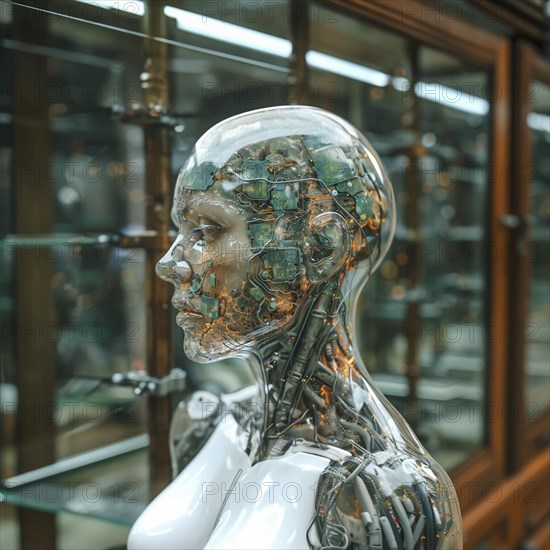 Medical a human head with brain and computer chip, symbol image KI in the human brain, ai generated, AI generated