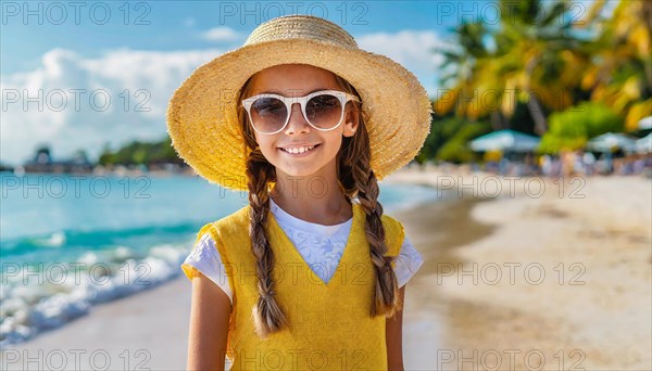 KI generated, An 8 year old blonde girl with sunglasses and a straw hat is on holiday on the beach in the Caribbean