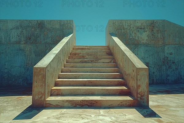 Weathered concrete staircase under a clear blue sky, creating an abstract geometric shape, AI generated