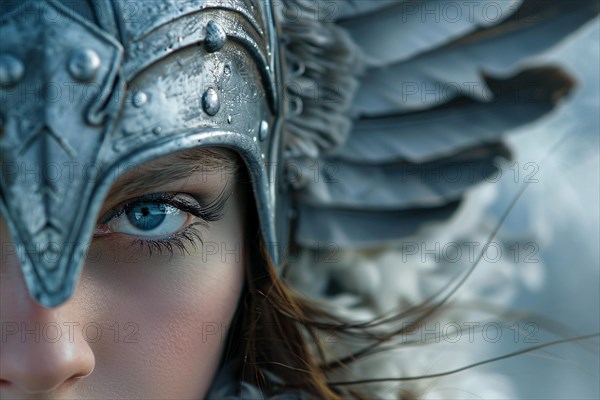 Close up half of woman's face covered in winged Norse mythology Valkyrie helmet. KI generiert, generiert AI generated