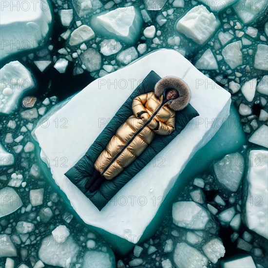 Woman in yellow golden puffer jacket lies on a block of ice alone in the middle of the ocean sea. Environmental issue, climate change agenda, AI generated