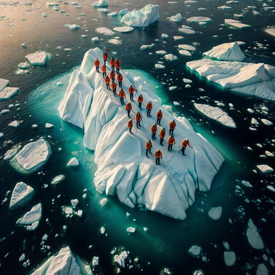 Aerial view of group people wearing yellow winter garment standing on a large block of ice in the middle of the ocean. AI generated