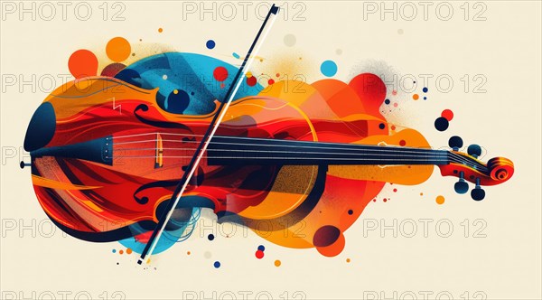 Vivid and abstract representation of a cello with blue and orange geometric shapes and curves, ai generated, AI generated