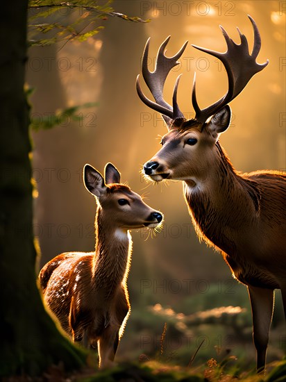 Red deer hind nose to nose with her calf, AI generated