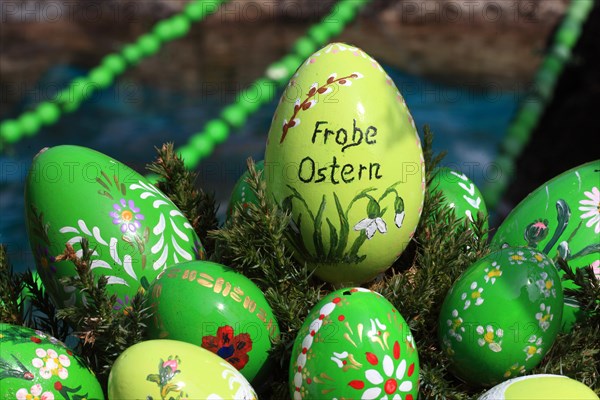 Detail of an Easter fountain in Franconian Switzerland, Bamberg district, Upper Franconia, Germany, many colourful blown-out and dyed eggs as decoration, Easter custom, Europe