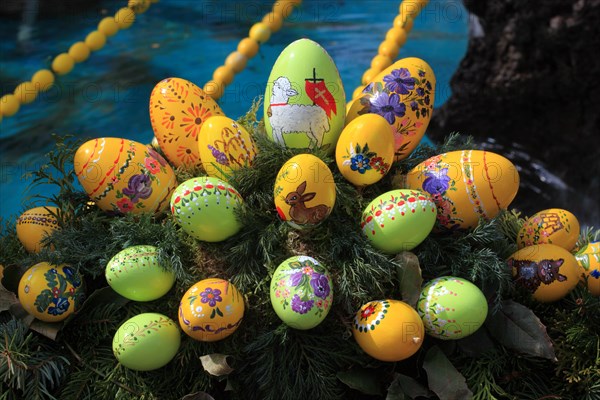 Detail of an Easter fountain in Franconian Switzerland, Bamberg district, Upper Franconia, Germany, many colourful blown-out and dyed eggs as decoration, Easter custom, Europe