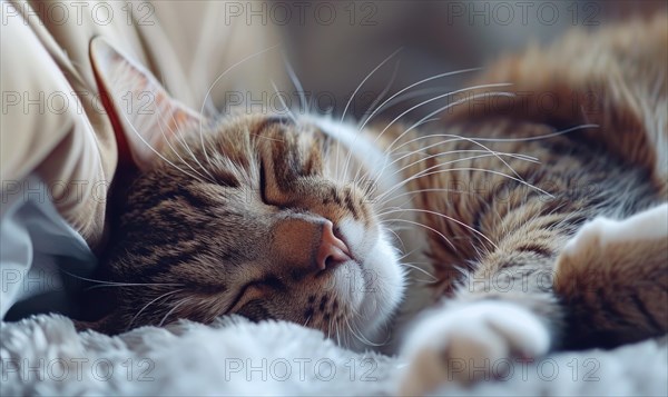 A tabby cat sleeps peacefully wrapped in soft blankets AI generated