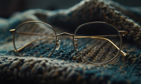 Gold framed eyeglasses on a cozy, textured fabric background AI generated