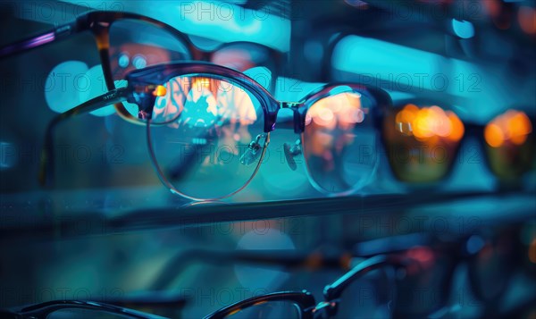 Close-up of eyeglasses with a reflective blue hue in an optical store AI generated