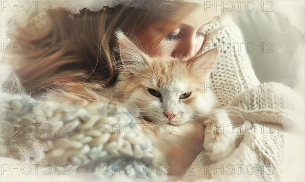 A tender moment as a woman snuggles with a fluffy cat in a soft embrace AI generated