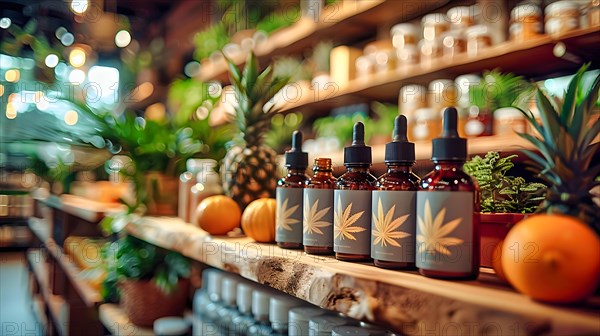 Medicinal drops extracted from hemp (cannabis) are sold in a bottle with a pipette in a drug shop, AI generated, AI generated