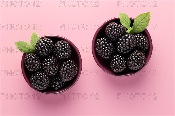 Top view of two small bowls with blackberry fruits on pink background. KI generiert, generiert AI generated