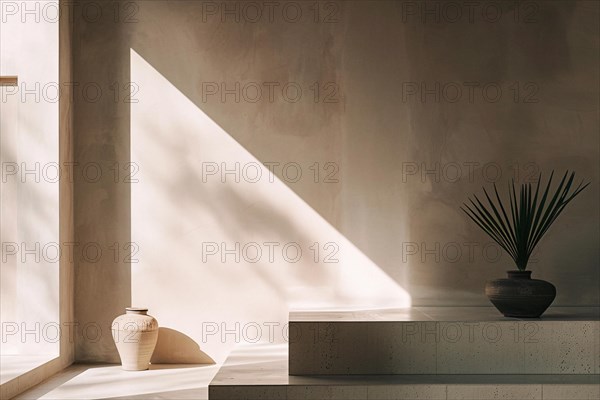 Minimalistic interior with sharp shadows over a vase and bamboo sticks, AI generated