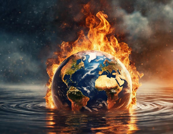 A burning earth partly submerged in water symbolises climate change and environmental hazards, AI generated