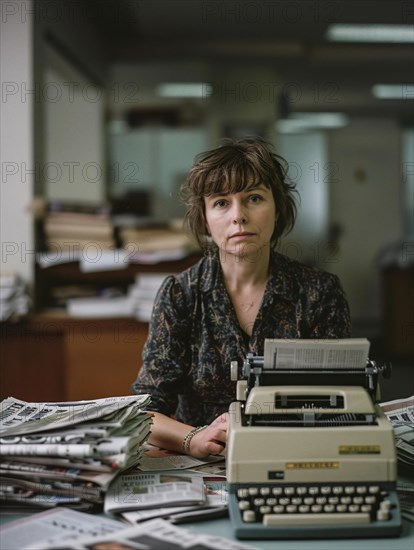 Woman focused on typing on a retro typewriter in an office setting, AI generated