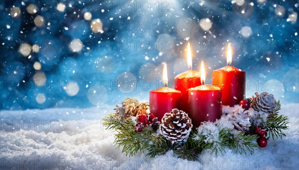 Ai generated, Advent wreath with burning candles, Christmas season, Christmas decoration, 4th Advent, Fourth Advent