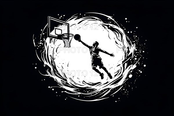 Dynamic basketball game moment frozen in time, black and white illustration, AI generated