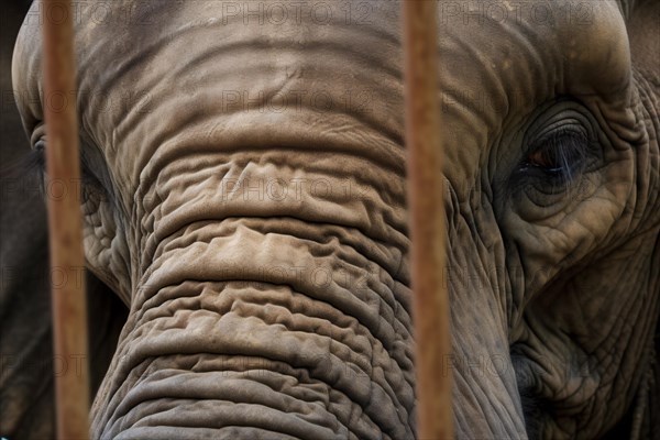 Close up of face of sad elephant in captivity behind bars. KI generiert, generiert AI generated