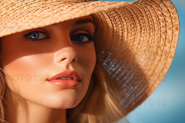 Beautiful woman with large summer straw hat and sun catsing shadow on face. KI generiert, generiert AI generated
