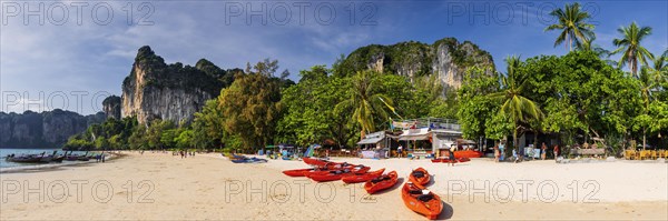 Railay-beach near Krabi, panorama, sandy beach, dream beach, beach, beach holiday, limestone rocks, landscape, coastal landscape, coast, boat, paradise, holiday paradise, Asian, beach landscape, bay, sea, ocean, Andaman Sea, tropics, tropical, water, travel, tourism, paradisiacal, beach holiday, long-distance travel, sun, sunny, holiday, idyllic, Siam, exotic, travel photo, Krabi, Thailand, Asia