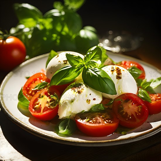 Caprese salad featuring ripe tomatoes embracing buffalo mozzarella fresh basil leaves perched on top, AI generated