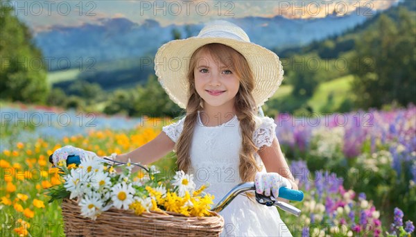 KI generated, A blonde girl rides her bike and enjoys the summer in a meadow with many flowers, Bicycle basket with flowers