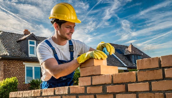 AI generated, A bricklayer inspects a brick wall, 30, 35, years