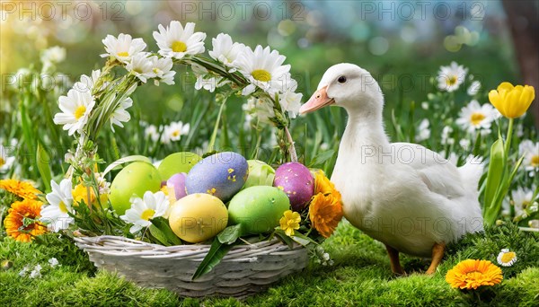 Ai generated, An Easter basket with coloured eggs in a meadow with colourful flowers, in the basket, white duck, domestic duck, symbolic picture Easter, animal children