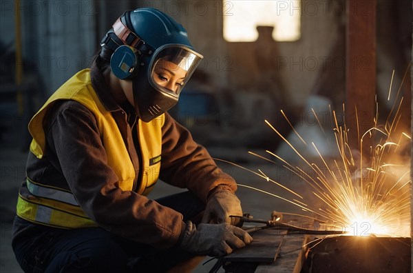 Skilled woman in protective gear welding metal with sparks flying, women at heavy industrial contruction jobs, blurry selective focus background, bokeh, AI generated