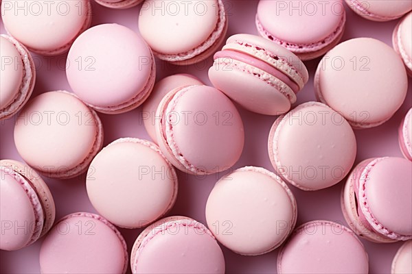 Top view of pastel pink French macaron sweets. KI generiert, generiert AI generated